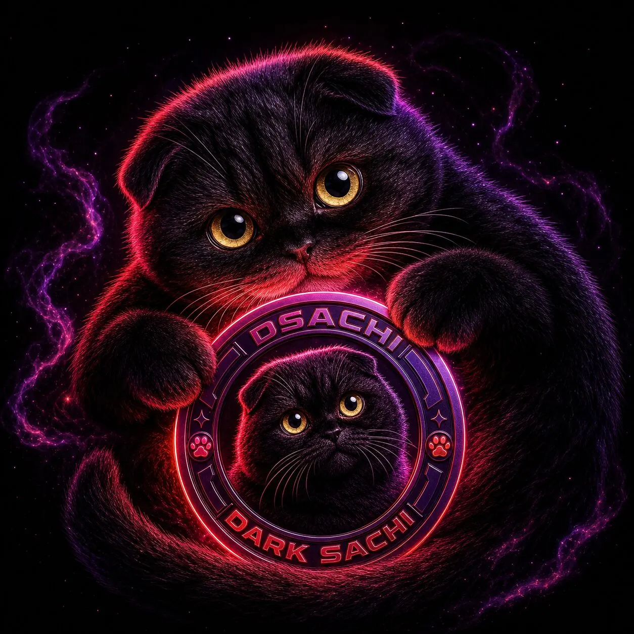 Dark Sachi curled around a glowing DSACHI coin in the purple void