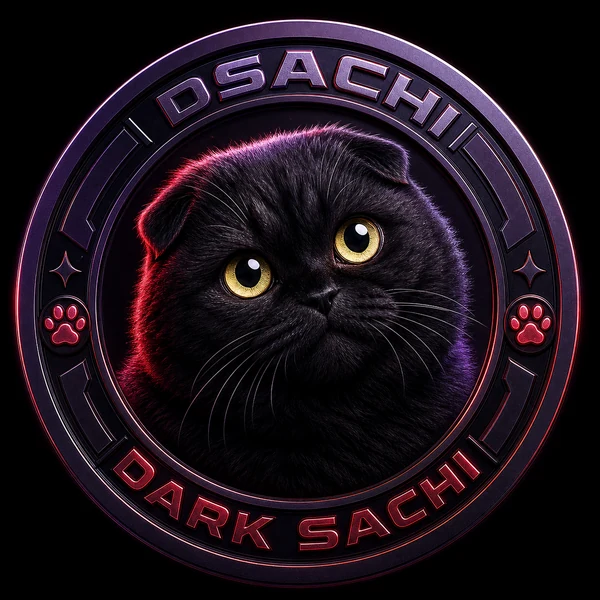 Dark Sachi $DSACHI coin logo with black cat face and gold eyes